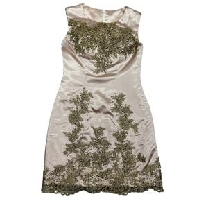 Champagne Pink Satin Cocktail Dress Gold Beaded Lace Applique Sleeveless Mini